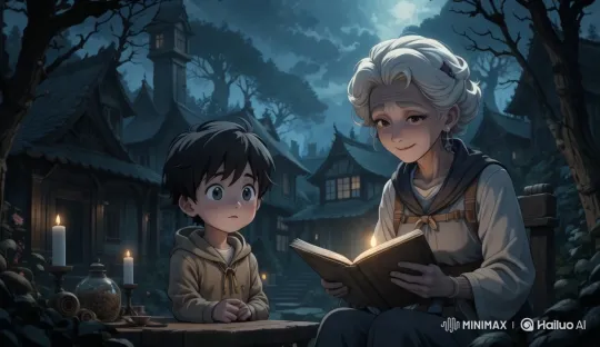Elderly Woman Reads to Curious Child in Rustic Village – AI Generated Video | Hailuo AI