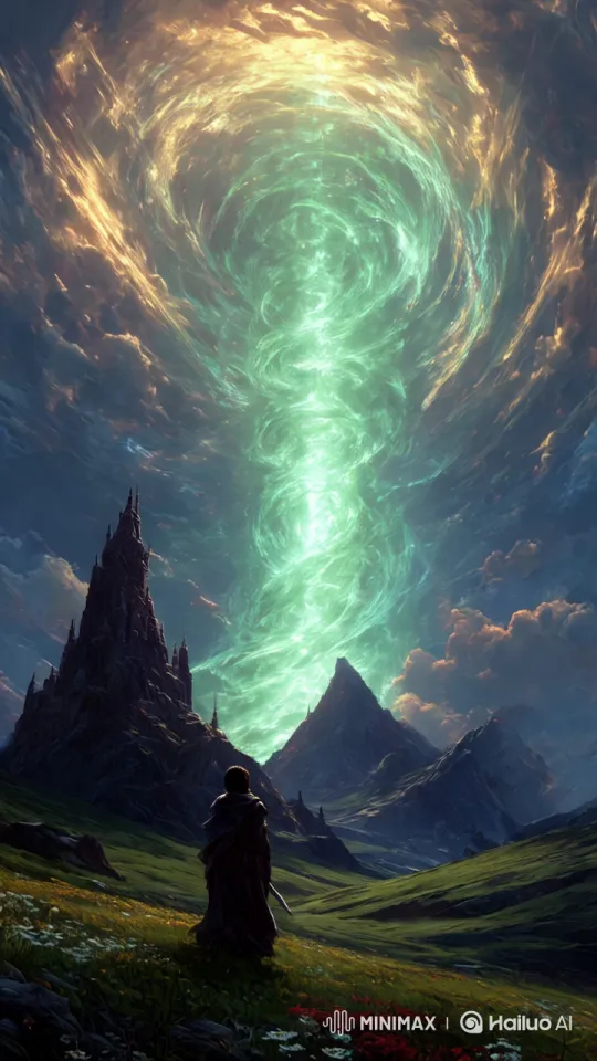 Majestic Green Vortex Enchants Cloaked Observer – AI Generated Video | Hailuo AI