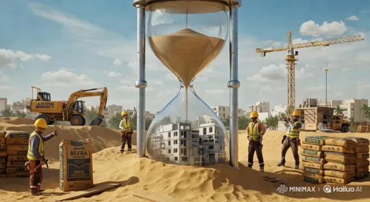 Realistic Construction Site with Hourglass Symbolizing Rise of Building – AI Generated Video | Hailuo AI