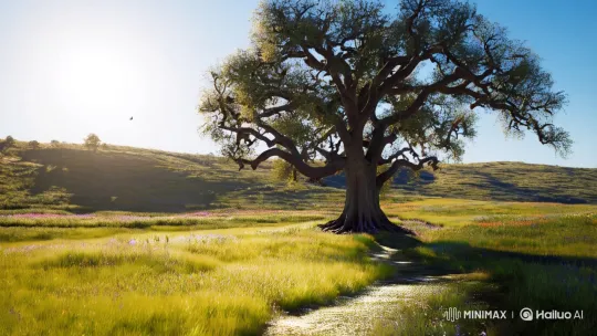 Dawn's Meadow: Serenity Around an Ancient Oak – AI Generated Video | Hailuo AI