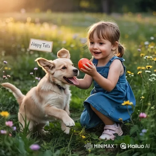 Child and Puppy Play in Golden Meadow Sunset – AI Generated Video | Hailuo AI