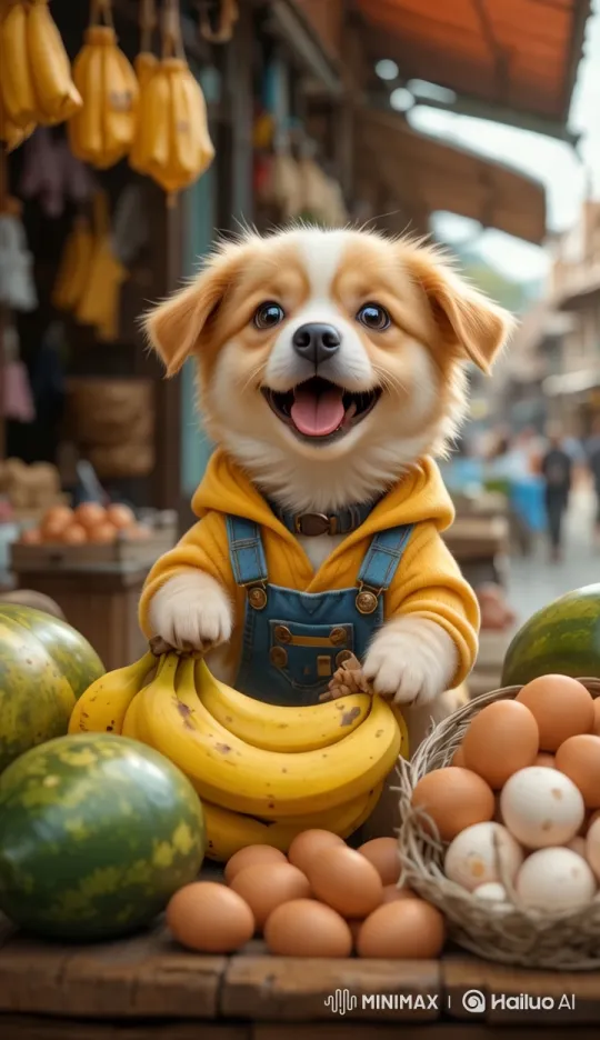 Puppy in Hoodie 'Shopping' at Lively Market – AI Generated Video | Hailuo AI