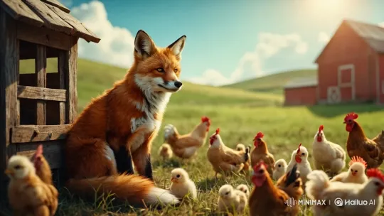 Fox and Chickens Coexist Peacefully in Pastoral Landscape – AI Generated Video | Hailuo AI