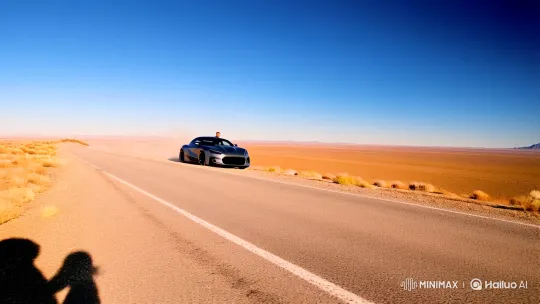 Desert Road Chase: Car Soars, Explodes in Aesthetic Blast – AI Generated Video | Hailuo AI