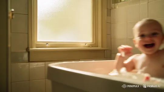 Warm Bath: Parent Washes Joyful Baby in Sunlit Bathroom – AI Generated Video | Hailuo AI