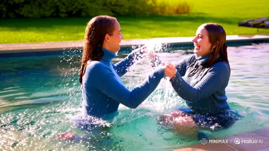 Spring Afternoon: Female Friends Frolic in Shallow Pool – AI Generated Video | Hailuo AI