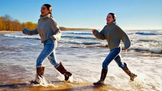 Spring Beach Play: Drenched Friends and Sunlit Waves – AI Generated Video | Hailuo AI