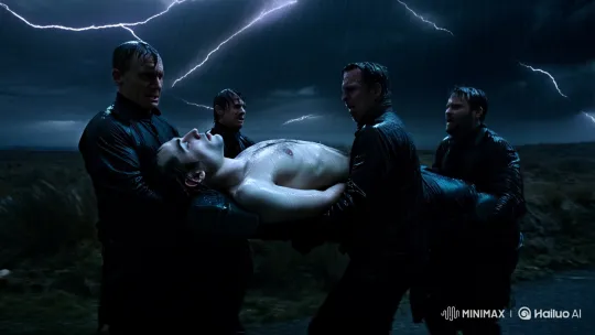 Stormy Night: Men Face Resurrecting Corpse in Thriller Scene – AI Generated Video | Hailuo AI