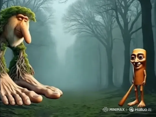 Misty Forest Fight: Giant Creature vs. Small Figure with Crocodile Interruption – AI Generated Video | Hailuo AI