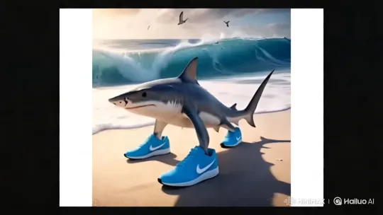 Shark in Nike Sneakers Struts on Beach – AI Generated Video | Hailuo AI