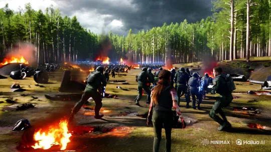 Human Resistance Fights AI in Destroyed Forest Battlefield – AI Generated Video | Hailuo AI
