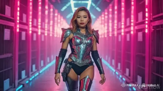 Female Warrior Navigates Neon Cyberpunk Battleground – AI Generated Video | Hailuo AI