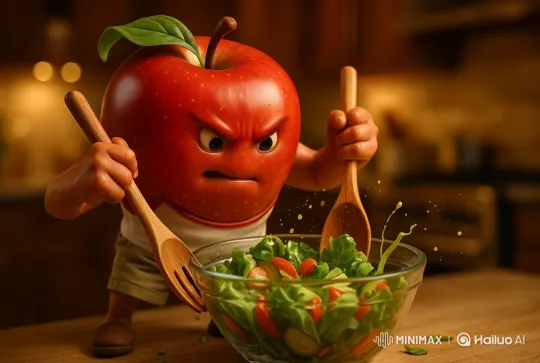 Animated Apple Character Vigorously Mixes Salad in Kitchen – AI Generated Video | Hailuo AI