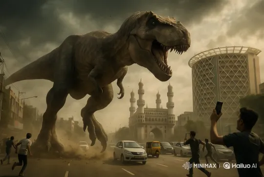 T-Rex Terrorizes Hyderabad: Ancient Beast Meets Modern City – AI Generated Video | Hailuo AI