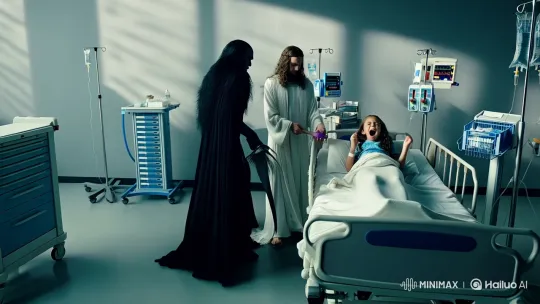 Divine Struggle Over a Child's Soul in Hospital Setting – AI Generated Video | Hailuo AI