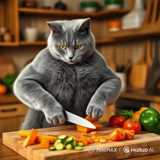 Cat Chef Skillfully Chops Vegetables in Cozy Kitchen – AI Generated Video | Hailuo AI
