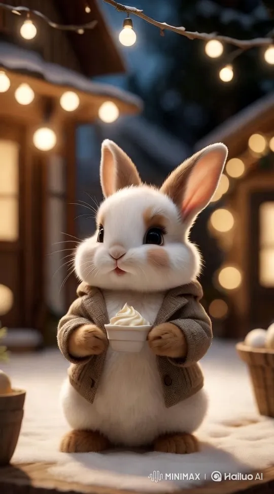 Winter Wonderland: Bunny Enjoying Cupcake by Cozy Cabins – AI Generated Video | Hailuo AI