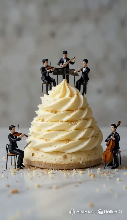Miniature Orchestra Sings on Whipped Cream Sculpture – AI Generated Video | Hailuo AI