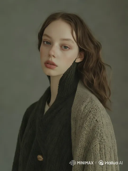 Stylish Subject in Textured Sweater with Graceful Hair – AI Generated Video | Hailuo AI