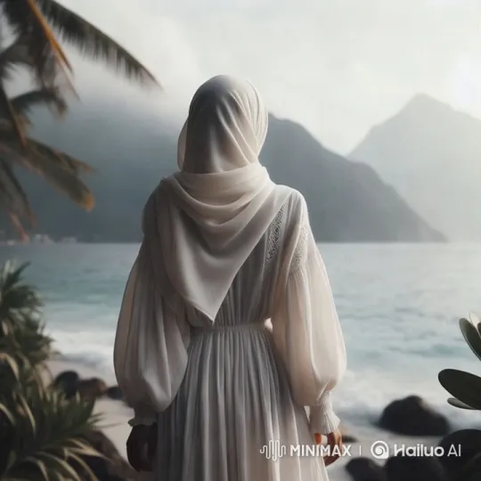 Serene Coastal Landscape with Graceful Woman in Hijab – AI Generated Video | Hailuo AI