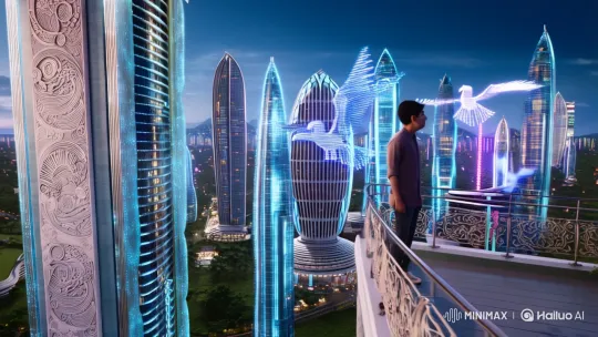 Futuristic Temasek City with Traditional Motifs and Digital Disturbances – AI Generated Video | Hailuo AI