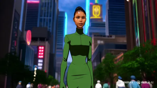 Anime-Inspired Cityscape: Determined Woman in Green – AI Generated Video | Hailuo AI
