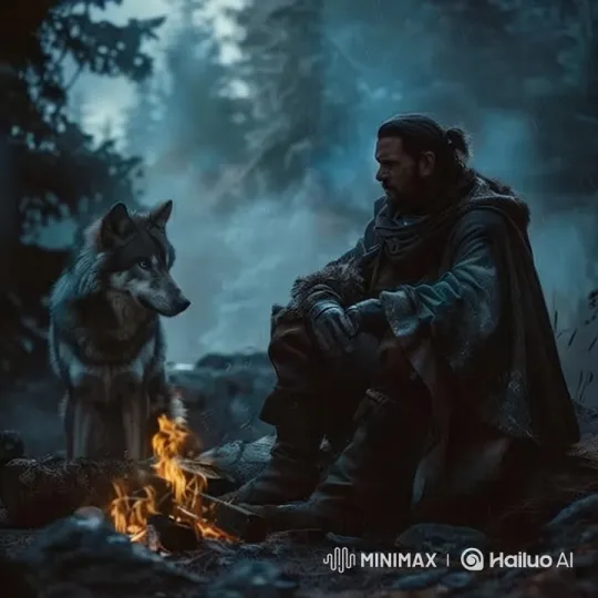 Man Converses with Wolf by Winter Campfire – AI Generated Video | Hailuo AI