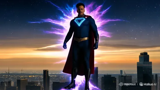 Cosmic Hero Stands Over Dawn-Lit Cityscape – AI Generated Video | Hailuo AI
