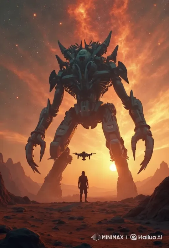 Colossal Robot Confronts Sunrise in Dramatic Escape Scene – AI Generated Video | Hailuo AI