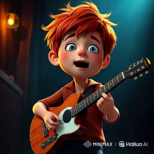 Red-haired Boy Plays Guitar in Intimate Setting – AI Generated Video | Hailuo AI