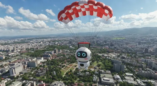 Cute Robot Parachutes Over Colorful Cityscape – AI Generated Video | Hailuo AI