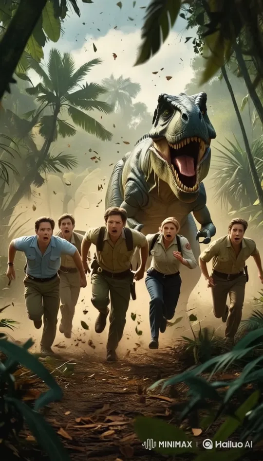 Explorers Flee as T-Rex Pursues Through Jungle – AI Generated Video | Hailuo AI