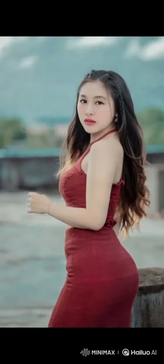 Woman in Red Dress: Poised Amidst Serene Landscape – AI Generated Video | Hailuo AI
