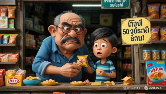 Elderly Man Scolds Boy Over Snack in Nostalgic Shop – AI Generated Video | Hailuo AI