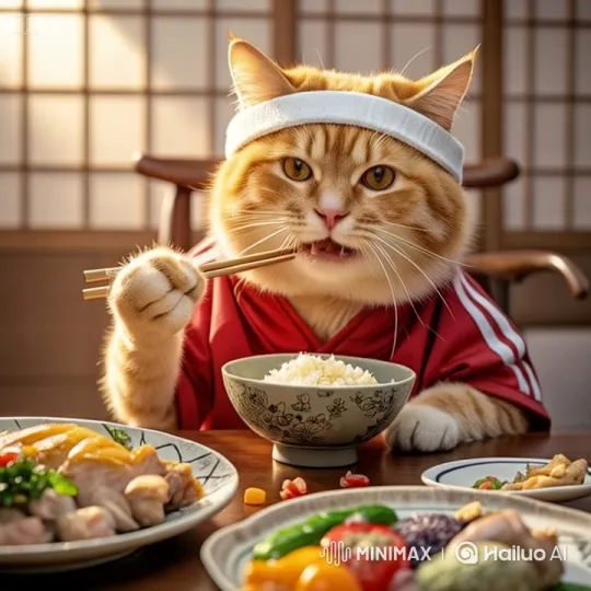 Cat Enjoying Meal with Chopsticks in Japanese Setting – AI Generated Video | Hailuo AI
