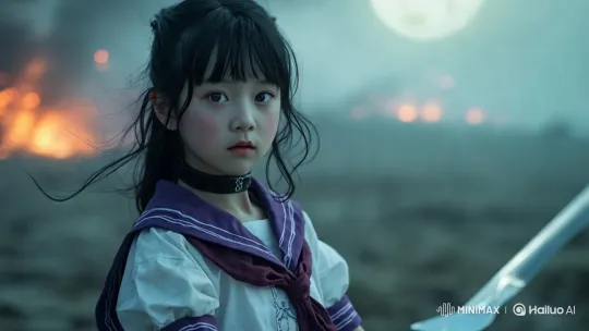 Girl Fights on Fiery Battlefield with Dramatic Camera Work – AI Generated Video | Hailuo AI