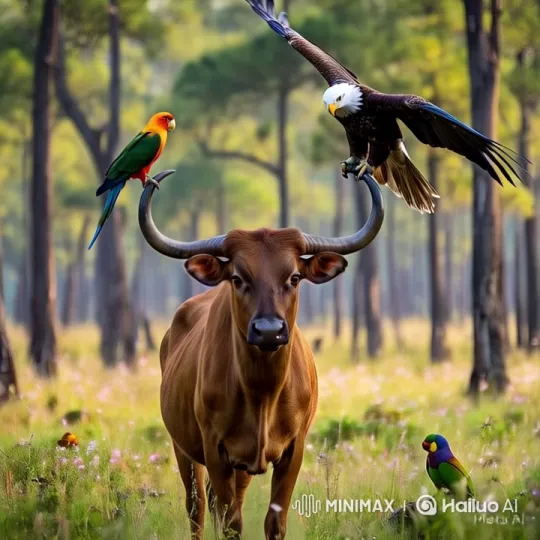 Harmonious Wildlife: Bull, Parrot, and Eagle in Forest – AI Generated Video | Hailuo AI