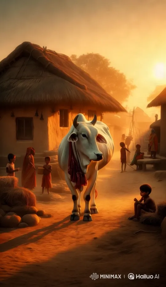 Dawn in an Indian Village with Cows and Children – AI Generated Video | Hailuo AI