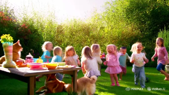 Energetic Kids' Lunch Party in a Sunlit Garden – AI Generated Video | Hailuo AI