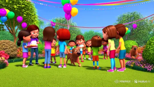 Sunlit Garden Party: Children, Pets, and Joyful Bonds – AI Generated Video | Hailuo AI