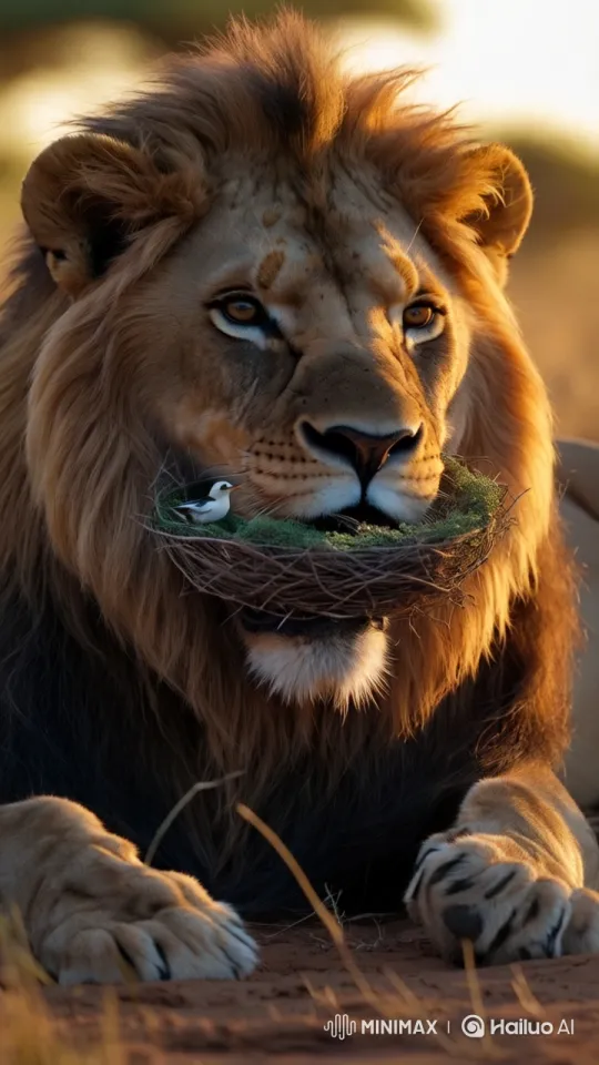 Lion and Bird: Unlikely Savanna Friendship – AI Generated Video | Hailuo AI