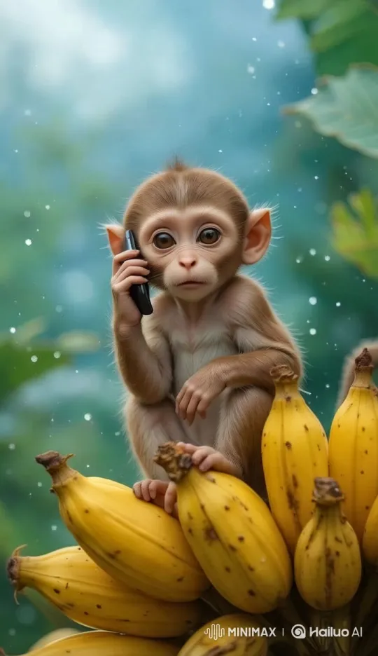 Baby Monkey Engages in Imaginary Call Amidst Lush Greenery – AI Generated Video | Hailuo AI