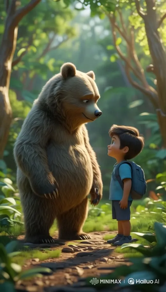 Bear and Child Encounter in Serene Forest – AI Generated Video | Hailuo AI
