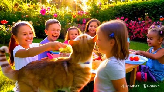 Sunlit Garden Gathering: Kids, Pets, and Joyful Play – AI Generated Video | Hailuo AI