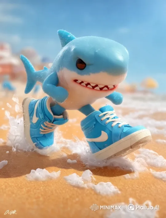 Cute Shark in Sneakers Runs Playfully on Beach – AI Generated Video | Hailuo AI