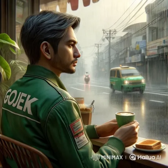 Gojek Man Enjoying Coffee in Rainy Café – AI Generated Video | Hailuo AI