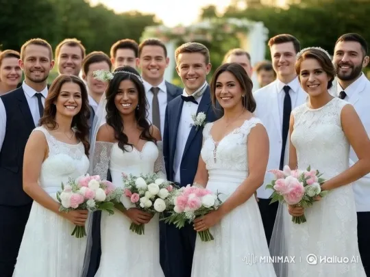 Elegant Wedding Group Amidst Greenery and Decor – AI Generated Video | Hailuo AI