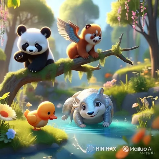 Panda and Duck Interact in Serene Forest Setting – AI Generated Video | Hailuo AI