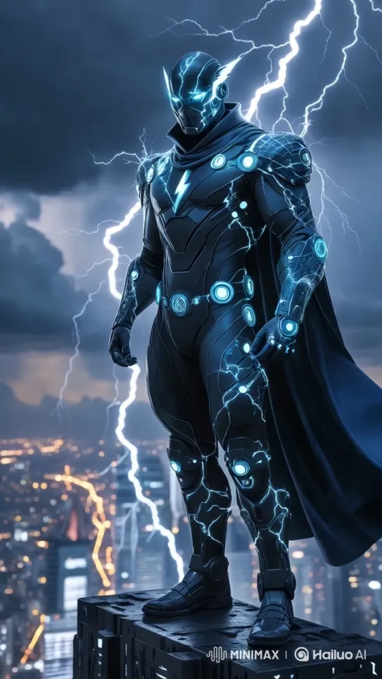 Futuristic Superhero Overlooking City at Night – AI Generated Video | Hailuo AI