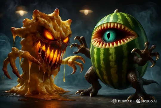 Oil Monster vs. Watermelon Monster: Fiery Showdown – AI Generated Video | Hailuo AI